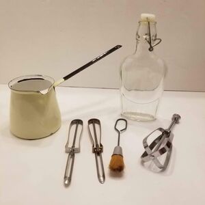 Vintage Kitchen Utensil Set with Cream Pot and Glass Bottle